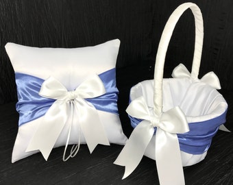 Periwinkle Blue Wedding Ring Bearer Pillow and/or Flower Girl Basket • White or Ivory •  Custom Colors Available • Shipping Cost Included!