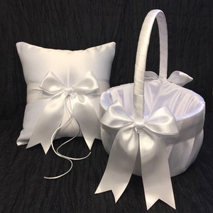 White or Ivory Bow Wedding Ring Bearer Pillow and/or Flower Girl Basket  • Custom Colors Available • Shipping Cost Included