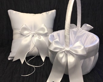 White or Ivory Bow Wedding Ring Bearer Pillow and/or Flower Girl Basket  • Custom Colors Available • Shipping Cost Included