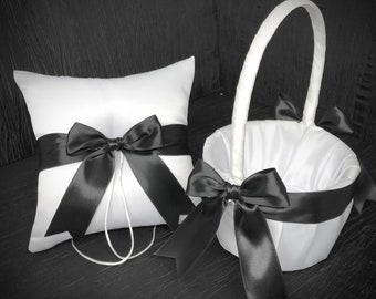 Black Bow Ring Bearer Pillow and/or Flower Girl Basket Set  • White or Ivory Wedding • Custom Colors Available • Free Shipping