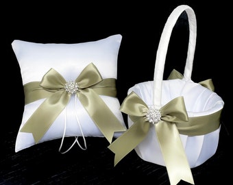 Rustic Sage Green Crystal Bow Ring Bearer Pillow and/or Flower Girl Basket • White, Off-White, Ivory Black Wedding • Mix-Match Quantities