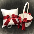 Apple Red Bow Ring Bearer Pillow and/or Flower Girl Basket • Rhinestone Crystal  • White or Ivory Wedding • Mix & Match Quantities