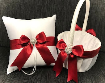 Apple Red Bow Ring Bearer Pillow and/or Flower Girl Basket • Rhinestone Crystal  • White or Ivory Wedding • Mix & Match Quantities