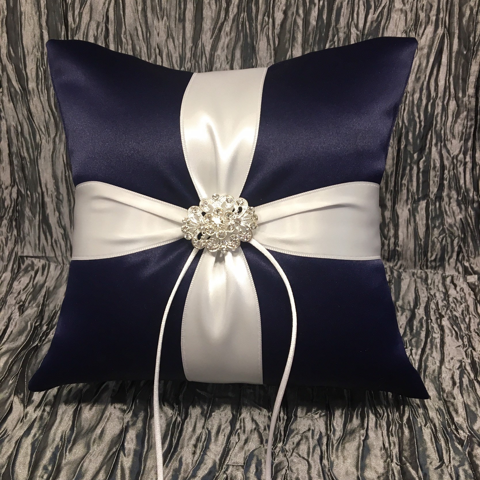 Navy Blue Wedding Ring Bearer Pillow With Rhinestone Crystal