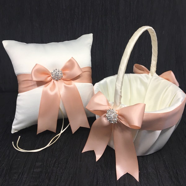 Light Peach Bow Rhinestone Crystal Wedding Ring Bearer Pillow and/or Flower Girl Basket Set • White or Ivory • Shipping Cost Included