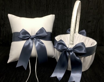 Dark Dusty Blue Bow Ring Bearer Pillow and/or Flower Girl Basket • White, Off-White, Ivory or Black Wedding • Mix-Match Quantities