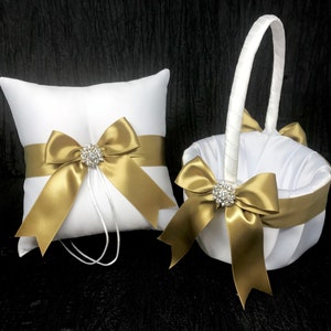 Gold Rhinestone Bow Ring Bearer Pillow and/or Flower Girl Basket • White, Off White or Ivory Wedding •  Mix & Match Quantities