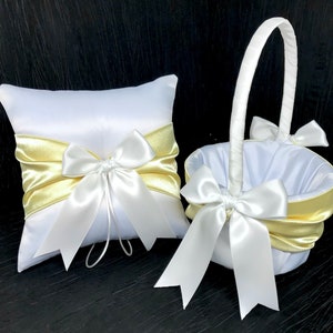 Light Yellow Sash Wedding Ring Bearer Pillow and/or Flower Girl Basket • White or Ivory • Custom Colors • Shipping Included