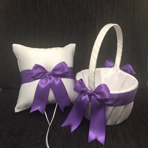 Royal Purple Bow Wedding Ring Bearer Pillow and/or Flower Girl Basket • White , Off White or Ivory • Mix & Match Quantities