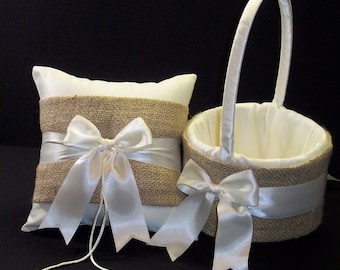 Burlap Wedding Ring Bearer Pillow and/or Flower Girl Basket • White Or Ivory • Rustic Barn Ceremony • Custom Bow Colors • Shipping Included