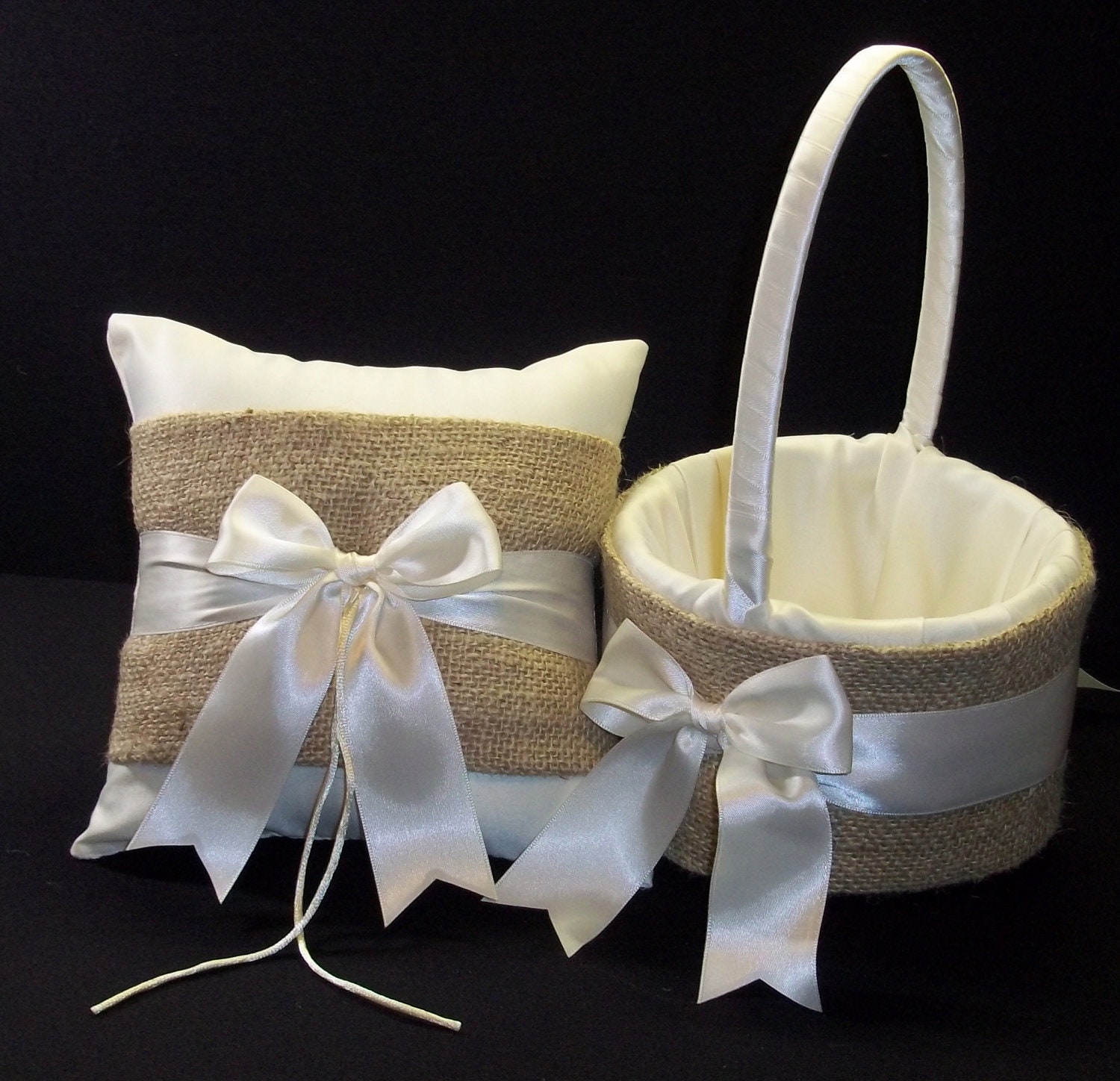 Burlap Wedding Ring Bearer Pillow Flower Girl Basket White Etsy