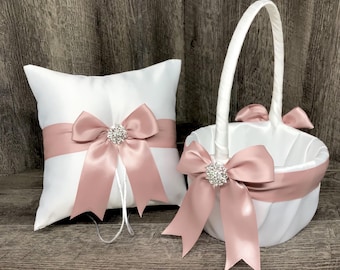 Dusty Rose Gold Bow, Rhinestone Ring Bearer Pillow and/or Flower Girl Basket • White, Off White, or Ivory Wedding • Mix & Match Quantities