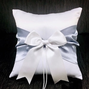 Dusty Blue Gray Sash Ring Bearer Pillow • White, Off White or Ivory Wedding • Custom Colors Available •