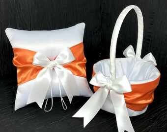 Orange Sash Wedding Ring Bearer Pillow and/or Flower Girl Basket • White or Ivory • 250+ Custom Colors Available • Shipping Cost Included