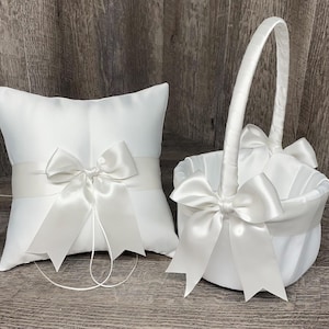 White, Off White or Ivory Bow Wedding Ring Bearer Pillow and/or Flower Girl Basket  • Custom Colors Available • Mix & Match Quantities