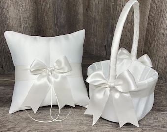 White, Off White or Ivory Bow Wedding Ring Bearer Pillow and/or Flower Girl Basket  • Custom Colors Available • Mix & Match Quantities