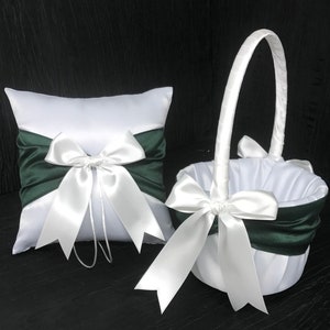 Hunter Green Wedding Ring Bearer Pillow and/or Flower Girl Basket • White or Ivory •  Custom  Colors Available • Shipping Cost Included