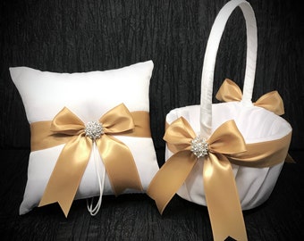 Gold Bow #1 & Rhinestone Crystal Wedding Ring Bearer Pillow and/or Flower Girl Basket • White or Ivory • Shipping Cost Included