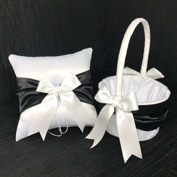 Black Sash Wedding Ring Bearer Pillow and/or Flower Girl Basket Set • White or Ivory • Custom Colors Available • Shipping Cost Included