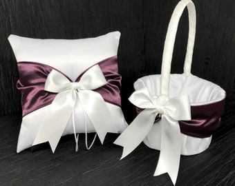 Plum Purple Wedding Ring Bearer Pillow and/or Flower Girl Basket • White or Ivory  • Custom Colors • Shipping Included