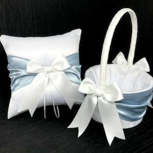 Dusty Blue Sash Ring Bearer Pillow and/or Flower Girl Basket Set • White, Off-White, Ivory or Black Wedding • Mix-Match Quantities