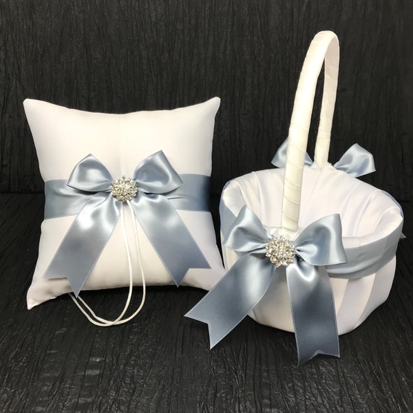 Dusty Blue Bow Bow & Rhinestone Crystal Wedding Ring Bearer Pillow and/or Flower Girl Basket • White or Ivory • Shipping Cost Included