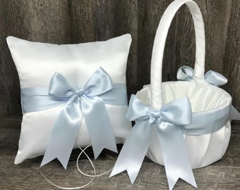 Ice Powder Blue Bow Ring Bearer Pillow and/or Flower Girl Basket • White, OffWhite, Ivory or Black Base • Mix & Match Quantities