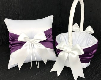 Light Eggplant Purple Wedding Ring Bearer Pillow and/or Flower Girl Basket • Ivory or White • Shipping Cost Included