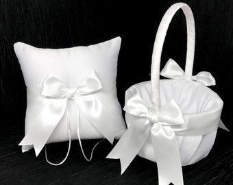 White or Ivory Bow Wedding Ring Bearer Pillow and/or Flower Girl Basket  • Custom Colors Available • Shipping Cost Included