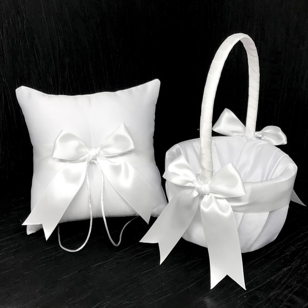 White or Ivory Bow Wedding Ring Bearer Pillow and/or Flower Girl Basket  • Custom Colors Available • Shipping Cost Included