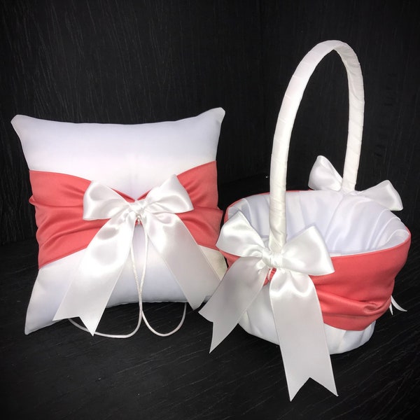 Coral Guava Sash Wedding Ring Bearer Pillow and/or Flower Girl Basket Set • White or Ivory • Custom Colors Avail. • Shipping Cost Included