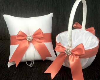 Coral Bow Ring Bearer Pillow and/or Flower Girl Basket • Rhinestone Crystal Accent • White or Ivory Wedding • Shipping Cost Included