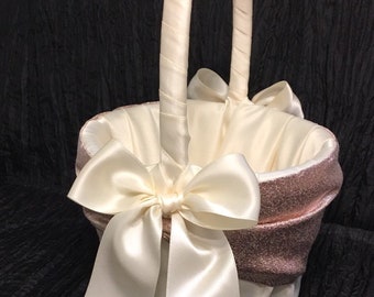 Rose Gold Wedding Flower Girl Basket • White, Off-White, Ivory or Black • Custom Sash Colors Available
