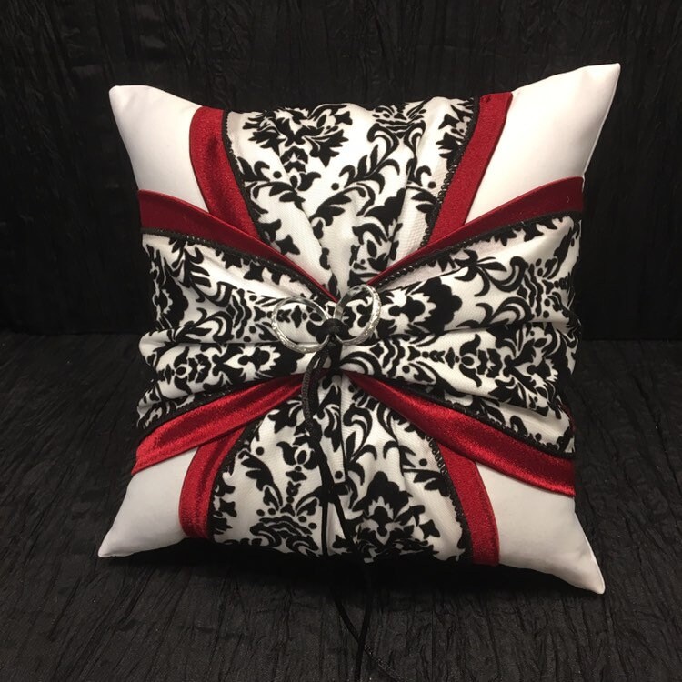 Damask Black White Red Wedding Ring Bearer Pillow 250