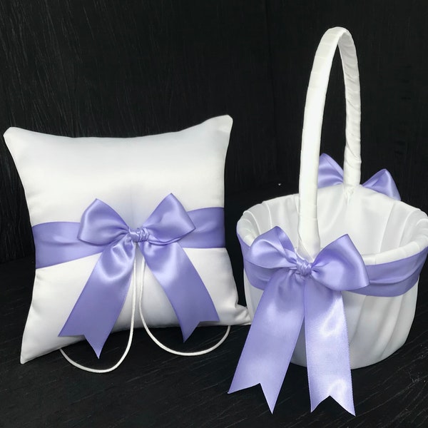 Iris Lavender Bow Ring Bearer Pillow and/or Flower Girl Basket Set  • White or Ivory Wedding • Custom Colors Available • Free Shipping