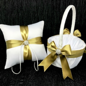 Gold Bow #2 Bow Rhinestone Crystal Wedding Ring Bearer Pillow and/or Flower Girl Basket • White, Off White or Ivory • Mix-Match Quantities