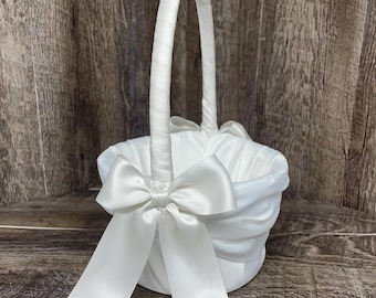 White, Off-White, Ivory or Black Wedding Flower Girl Basket • Custom Sash Colors Available • Flower Petal Holder • Multiple Quantities