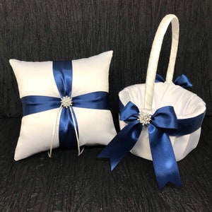 Sapphire Royal Blue,  Rhinestone Crystal Wedding Ring Bearer Pillow and/or Flower Girl Basket • White or Ivory • Shipping Cost Included