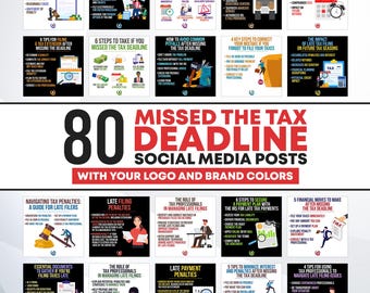 Könnte beinhalten: Eine Grafik mit 80 Social-Media-Posts zum Thema Versäumen der Steuerfrist. Die Grafik ist in einem Raster von 16 Quadraten angeordnet, wobei jedes Quadrat einen anderen Tipp oder eine andere Konsequenz für das Versäumen der Steuerfrist enthält. Die Grafik trägt den Titel "Missed the Tax Deadline: 80 Social Media Posts".