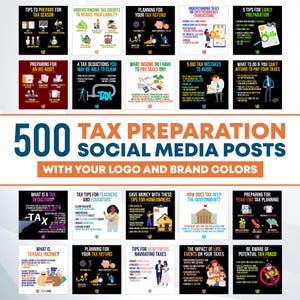 Op de afbeelding: Een collage van 16 kleurrijke social media berichten met tips voor belastingvoorbereiding. De berichten bevatten illustraties van mensen, huizen en geld. De tekst omvat onderwerpen zoals belastingaftrek, belastingkredieten en belastingplanning.