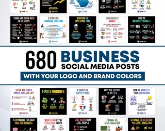 Könnte beinhalten: Eine Collage aus 18 farbenfrohen Social-Media-Post-Vorlagen mit Tipps für den Geschäftserfolg. Die Vorlagen zeigen Illustrationen und Text, wie z. B. "6 Dinge, um Ihr persönliches Wachstum zu beschleunigen", "9 Schritte zur finanziellen Freiheit" und "So monetarisieren Sie Ihren Instagram-Account".