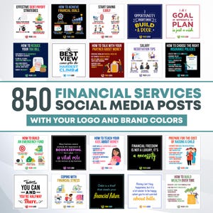 Op de afbeelding: Een collage van 12 kleurrijke social media berichten met tips voor financiële planning en beheer. De berichten bevatten illustraties en tekst, zoals "Effectieve strategieën voor het aflossen van schulden", "Hoe u uw financiële doelen kunt bereiken", "Begin vroeg met sparen", "Kansen kloppen niet aan, bouw een deur", "Een doel zonder plan is slechts een wens", "Hoe u uw belastingaangifte kunt verlagen", "Het beste uitzicht komt na de moeilijkste beklimming", "Hoe u met uw partner over geld kunt praten", "Salarisonderhandelingstips", "Hoe u de juiste verzekeringen kiest", "Hoe u een noodfonds opbouwt", "Omgaan met financiële stress", "Hoe u uw kinderen over geld kunt leren", "Financiële vrijheid is geen luxe, het is een noodzaak", "Bereid u voor op de kosten van het grootbrengen van een kind", "Geloof dat je het kunt en je bent halverwege", "Schuld is een dief die je financiële toekomst steelt", "Geld kan geluk niet kopen, maar het is veel gemakkelijker om gelukkig te zijn als je je geen zorgen hoeft te maken over rekeningen", en "Hoe u in de loop van de tijd vermogen kunt opbouwen".