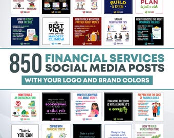 850 post sui servizi finanziari per i social media con il tuo logo e i colori del tuo marchio