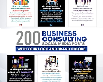 May include: A promotional graphic for business consulting services. The image features six panels with questions and answers about business consulting, with the text "200 Business Consulting Social Media Posts".