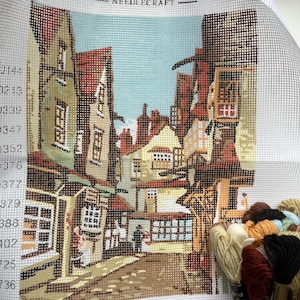 Penelope brand vintage needlepoint tapestry historic Scant Row kit for you to complete. Yarns and canvas in tube.