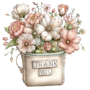 May include: Watercolor illustration of a floral arrangement in a cream-colored bag. The bouquet features pink, white, and peach-colored flowers with green foliage. The bag has the words "THANK YOU" on a label.