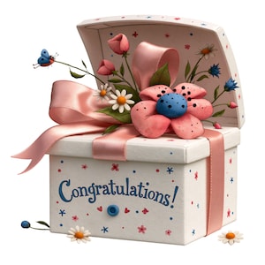 Könnte beinhalten: Eine weiße Geschenkbox mit dem in Blau gedruckten Text Congratulations!, verziert mit kleinen roten und blauen Blumenmotiven. Ein großes rosa Band umschließt die Box, die mit rosa Blüten, Gänseblümchen und einem kleinen blauen Schmetterling geschmückt ist.