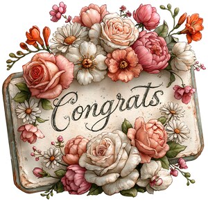 Könnte beinhalten: Ein rechteckiges Schild mit abgerundeten Ecken, das in schwarzer Schreibschrift das Wort Congrats zeigt. Das Schild ist von einem dichten Arrangement aus rosa, pfirsichfarbenen und weißen Rosen, Gänseblümchen und kleinen orangen Blüten mit grünen Blättern umgeben.