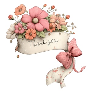 Può includere: Illustrazione ad acquerello di una composizione floreale con uno striscione con la scritta "Thank you". I fiori sono rosa, pesca e bianchi, con foglie verdi. Un fiocco rosa a pois bianchi è attaccato allo striscione.
