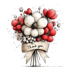 Op de afbeelding: Waterverfillustratie van een boeket bloemen met rode en witte bloesems. Een banner met de woorden "Thank you" is aan de stelen bevestigd. Het boeket is vastgebonden met een beige lint.